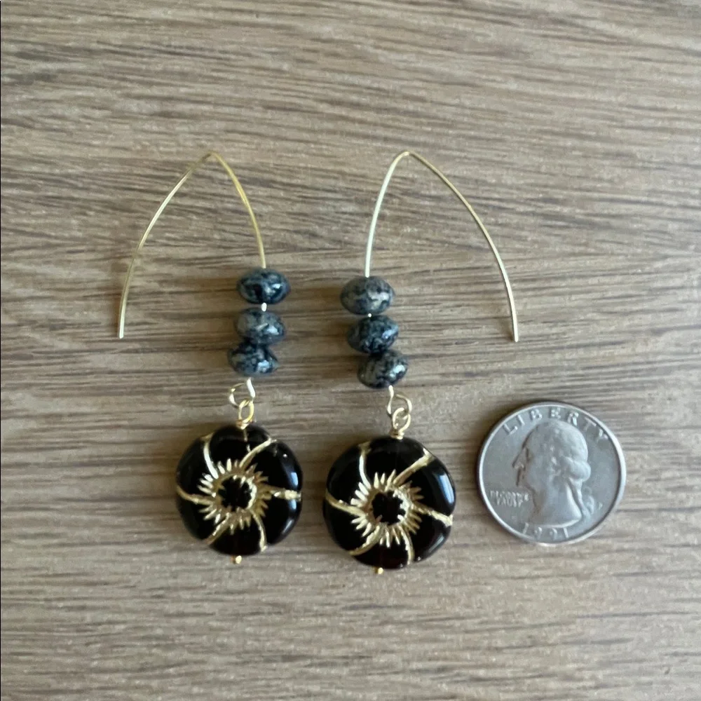 HAND CRAFTED BLACK & GOLD FLOWER CZECH GLASS EARRINGS Abstract Dangles